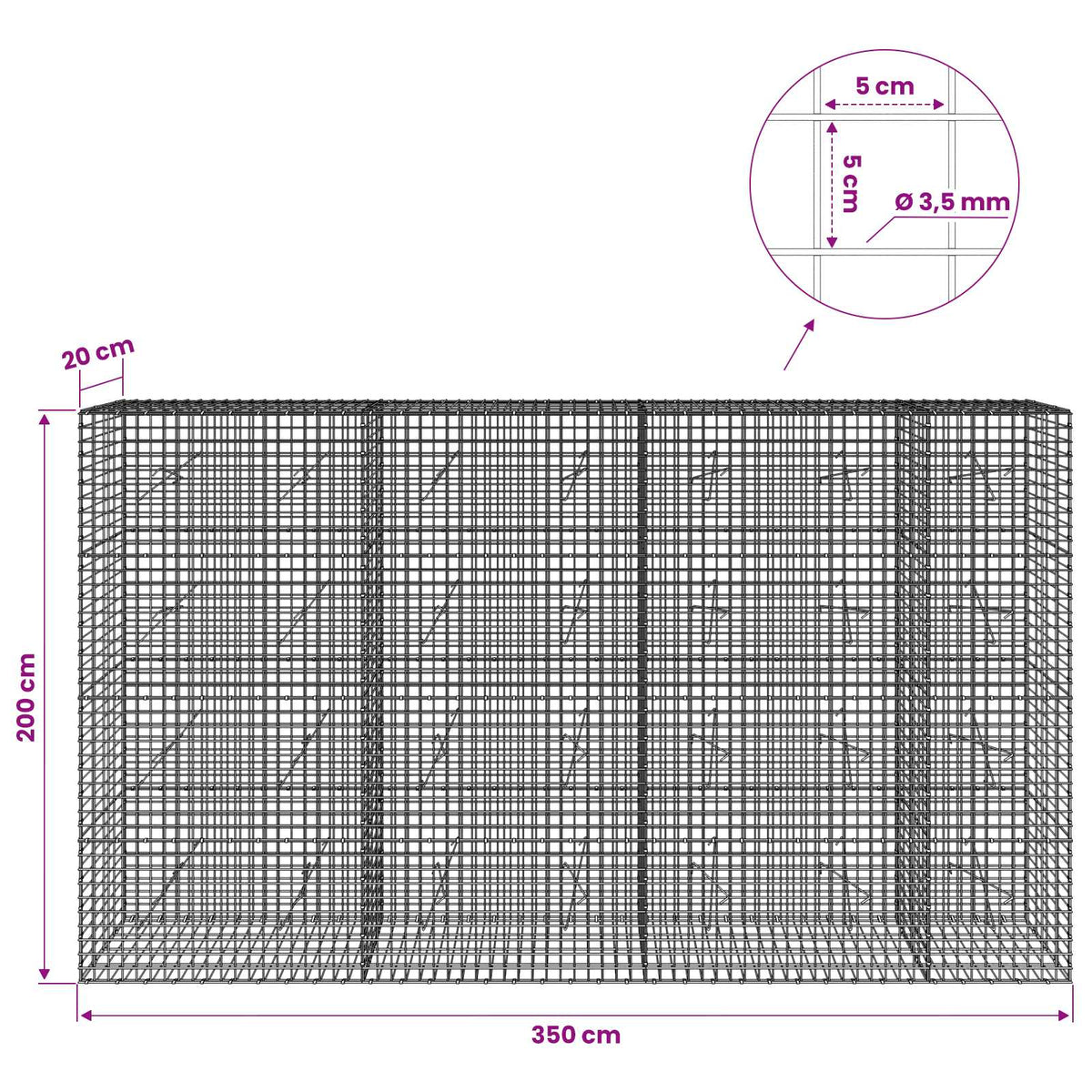 vidaXL Gabion z drutu 3,5 mm i siatką 5x5 cm 350x20x200 cm