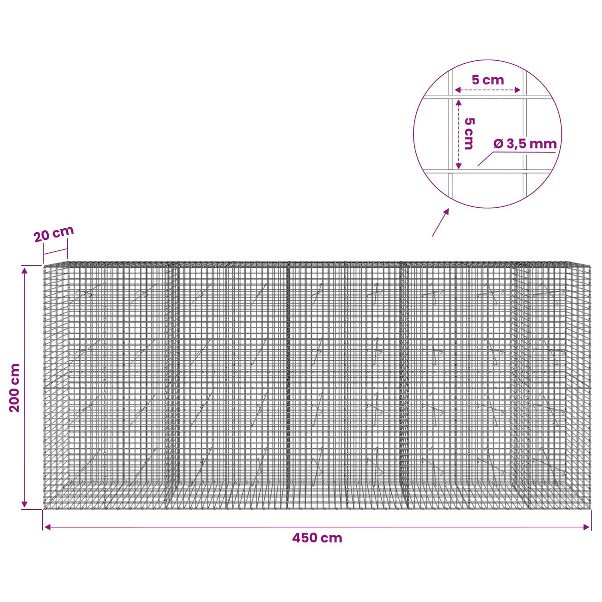 vidaXL Gabion z drutu 3,5 mm i siatką 5x5 cm 450x20x200 cm