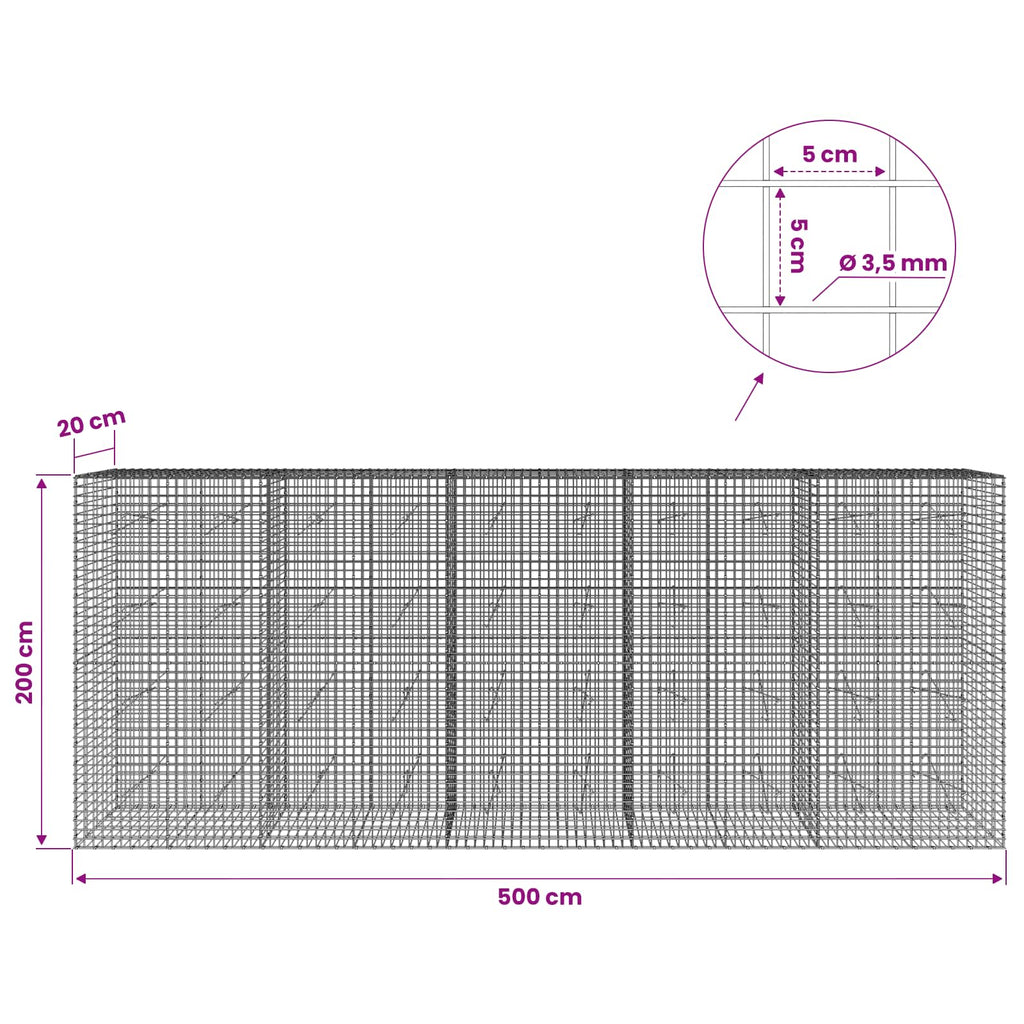 vidaXL Gabion z drutu 3,5 mm i siatką 5x5 cm 500x20x200 cm