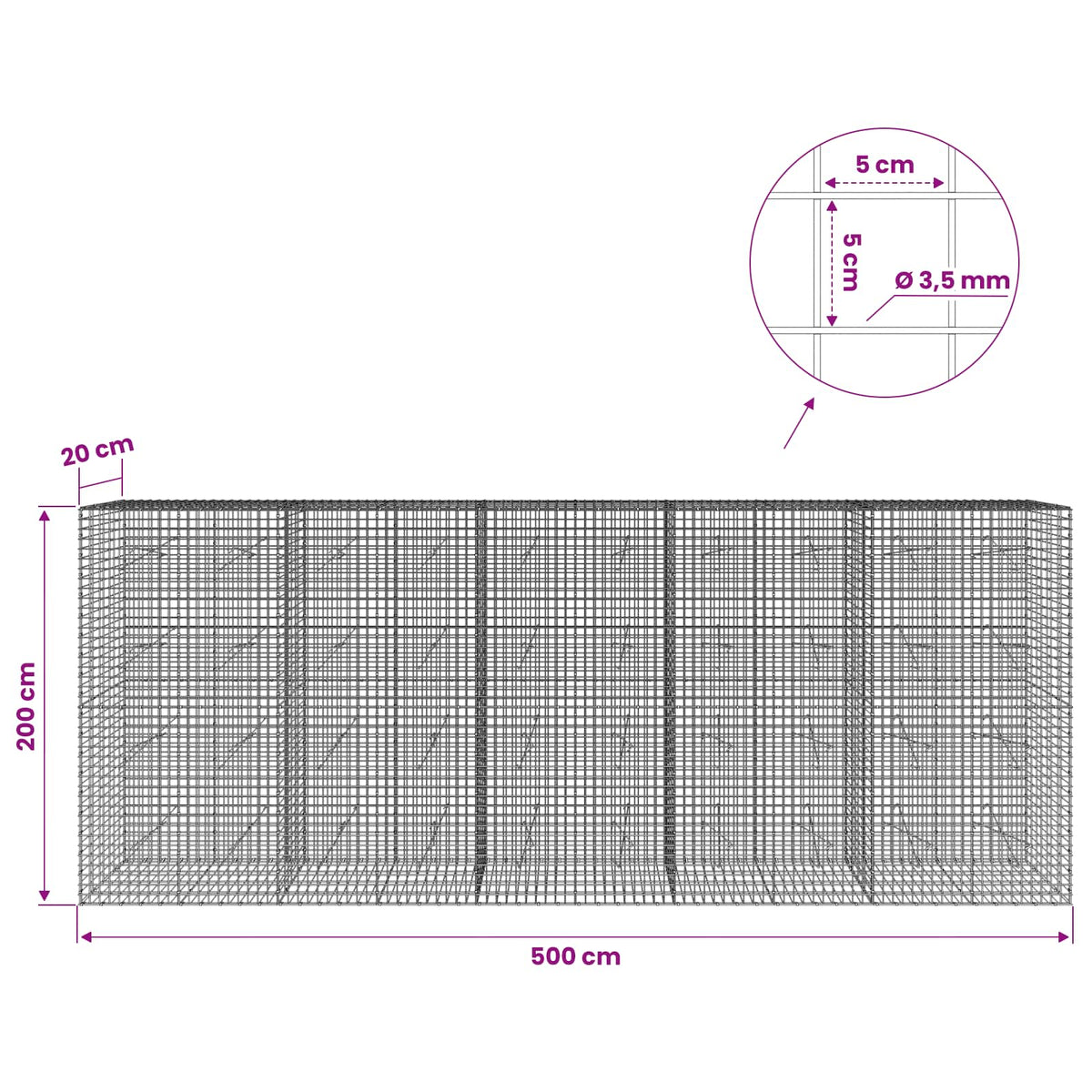 vidaXL Gabion z drutu 3,5 mm i siatką 5x5 cm 500x20x200 cm