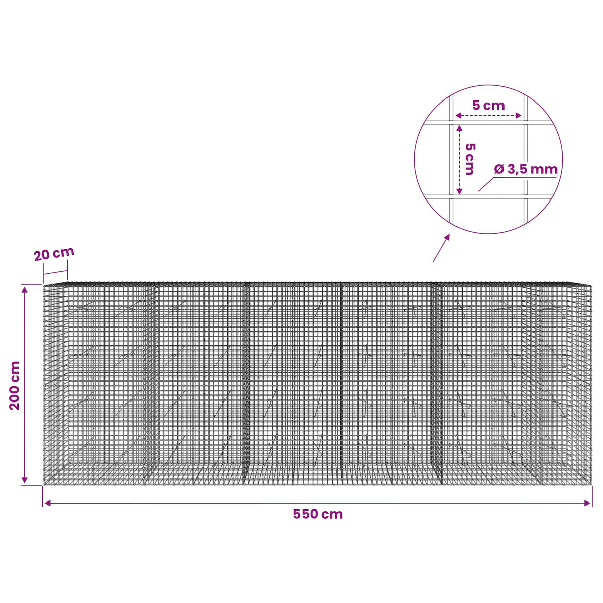 vidaXL Gabion z drutu 3,5 mm i siatką 5x5 cm 550x20x200 cm