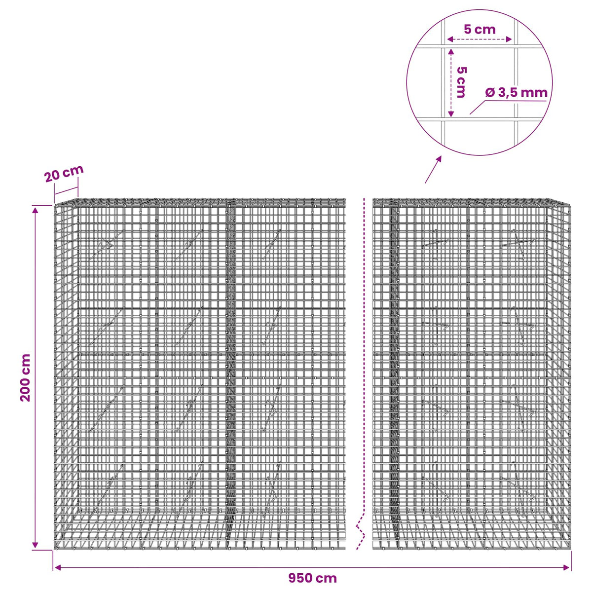 vidaXL Gabion z drutu 3,5 mm i siatką 5x5 cm 950x20x200 cm