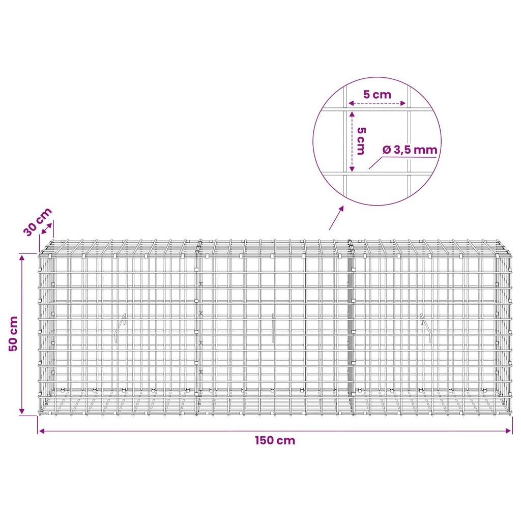 vidaXL Gabion z drutu 3,5 mm i siatką 5x5 cm 150x30x50 cm
