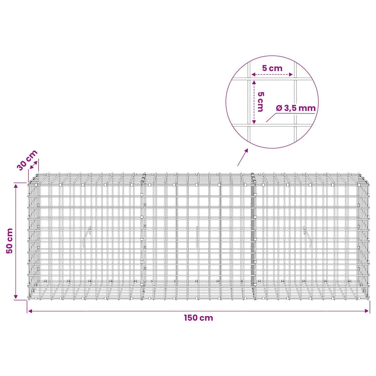 vidaXL Gabion z drutu 3,5 mm i siatką 5x5 cm 150x30x50 cm