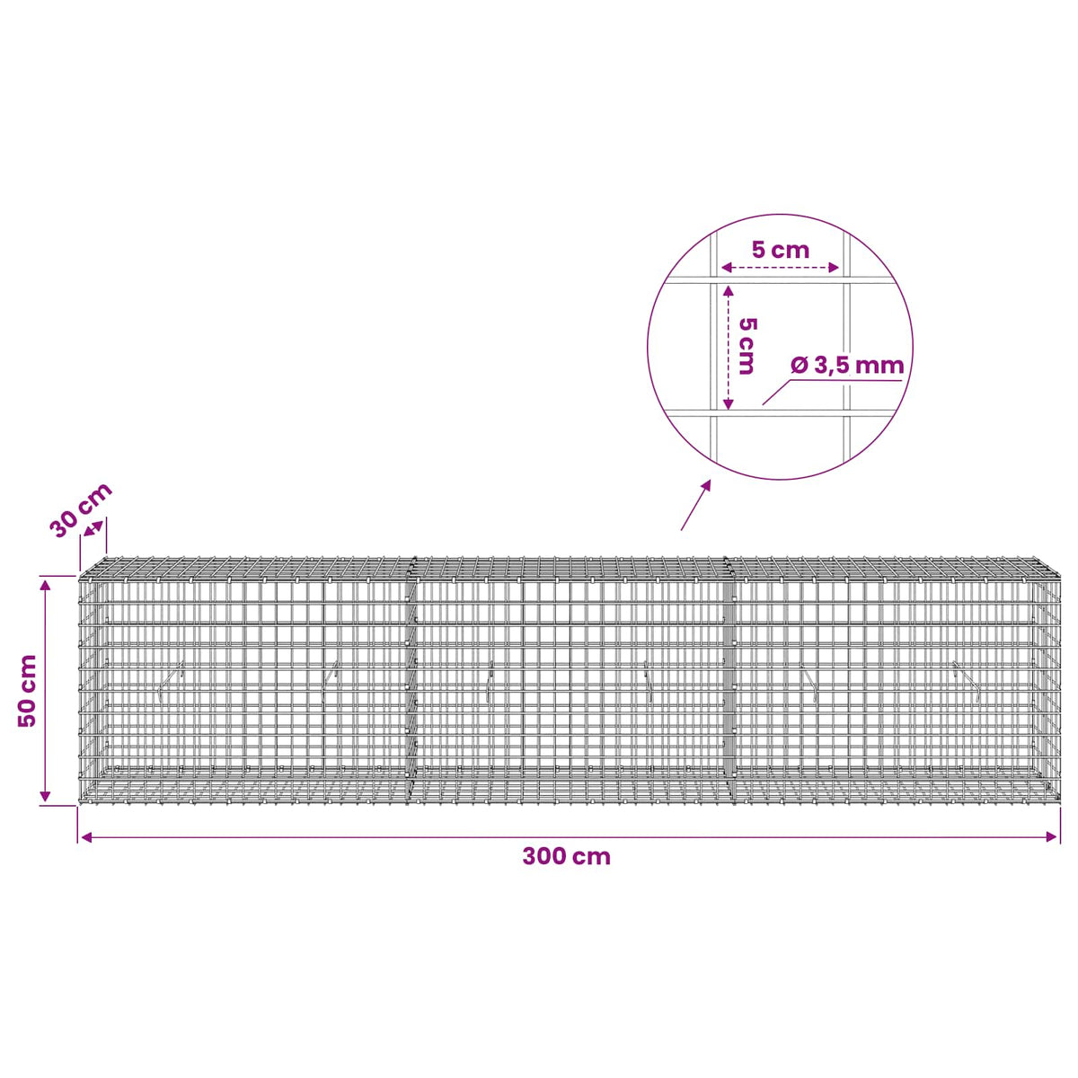 vidaXL Gabion z drutu 3,5 mm i siatką 5x5 cm 300x30x50 cm