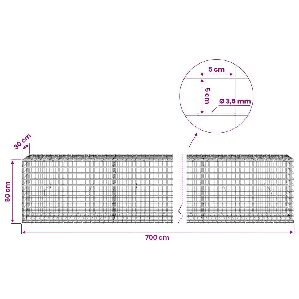 vidaXL Gabion z drutu 3,5 mm i siatką 5x5 cm 700x30x50 cm