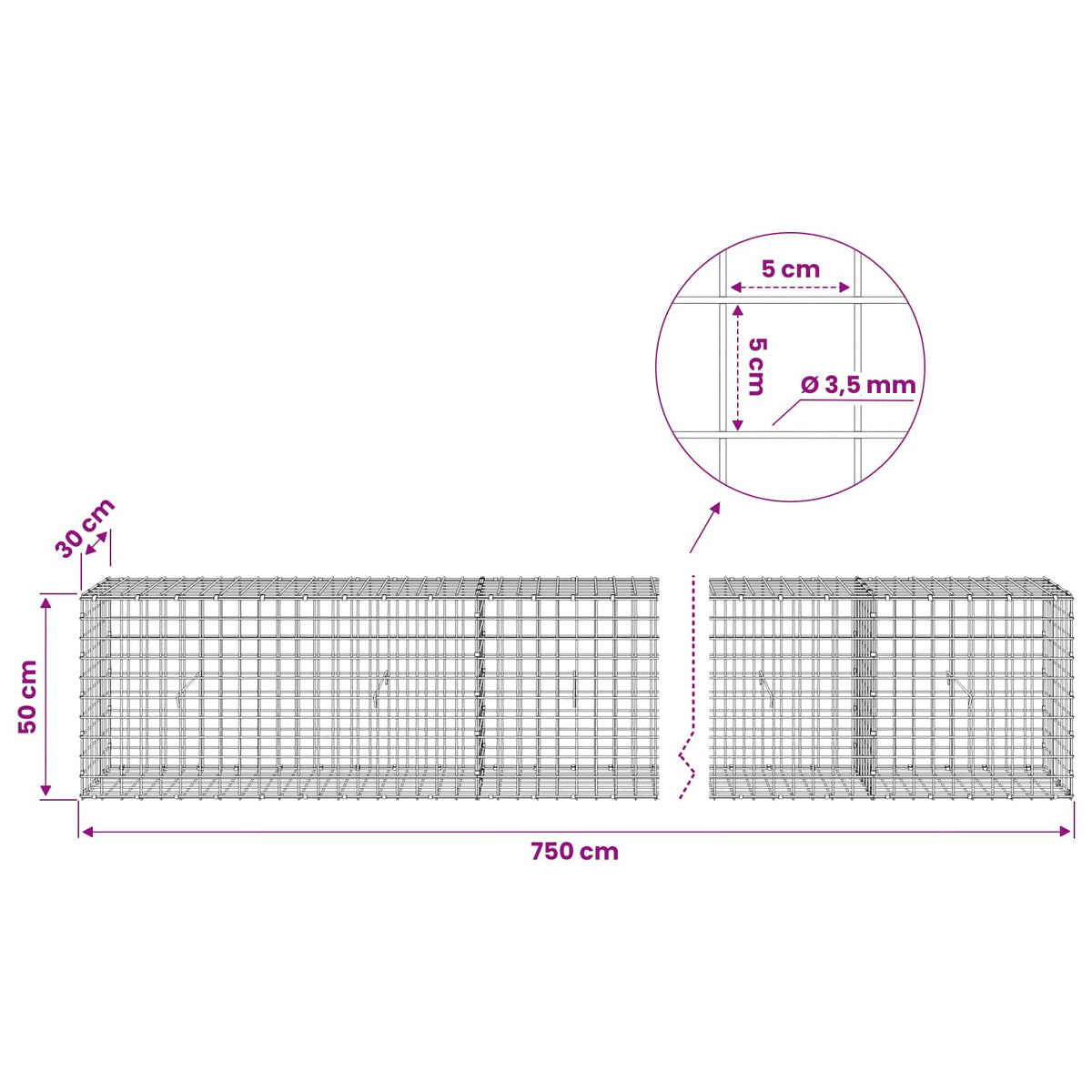 vidaXL Gabion z drutu 3,5 mm i siatką 5x5 cm 750x30x50 cm