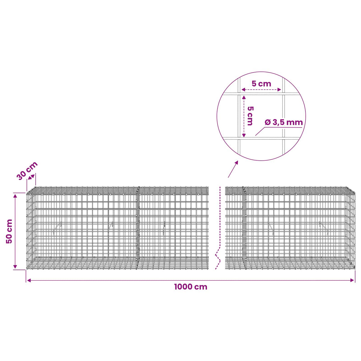 vidaXL Gabion z drutu 3,5 mm i siatką 5x5 cm 1000x30x50 cm