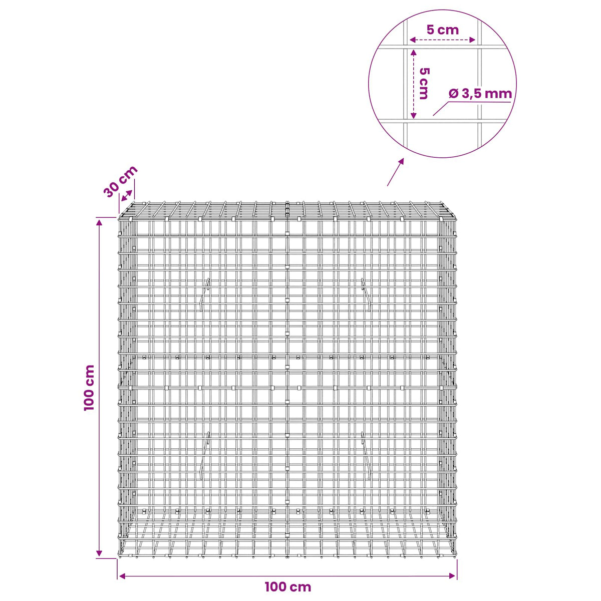 vidaXL Gabion z drutu 3,5 mm i siatką 5x5 cm 100x30x100 cm