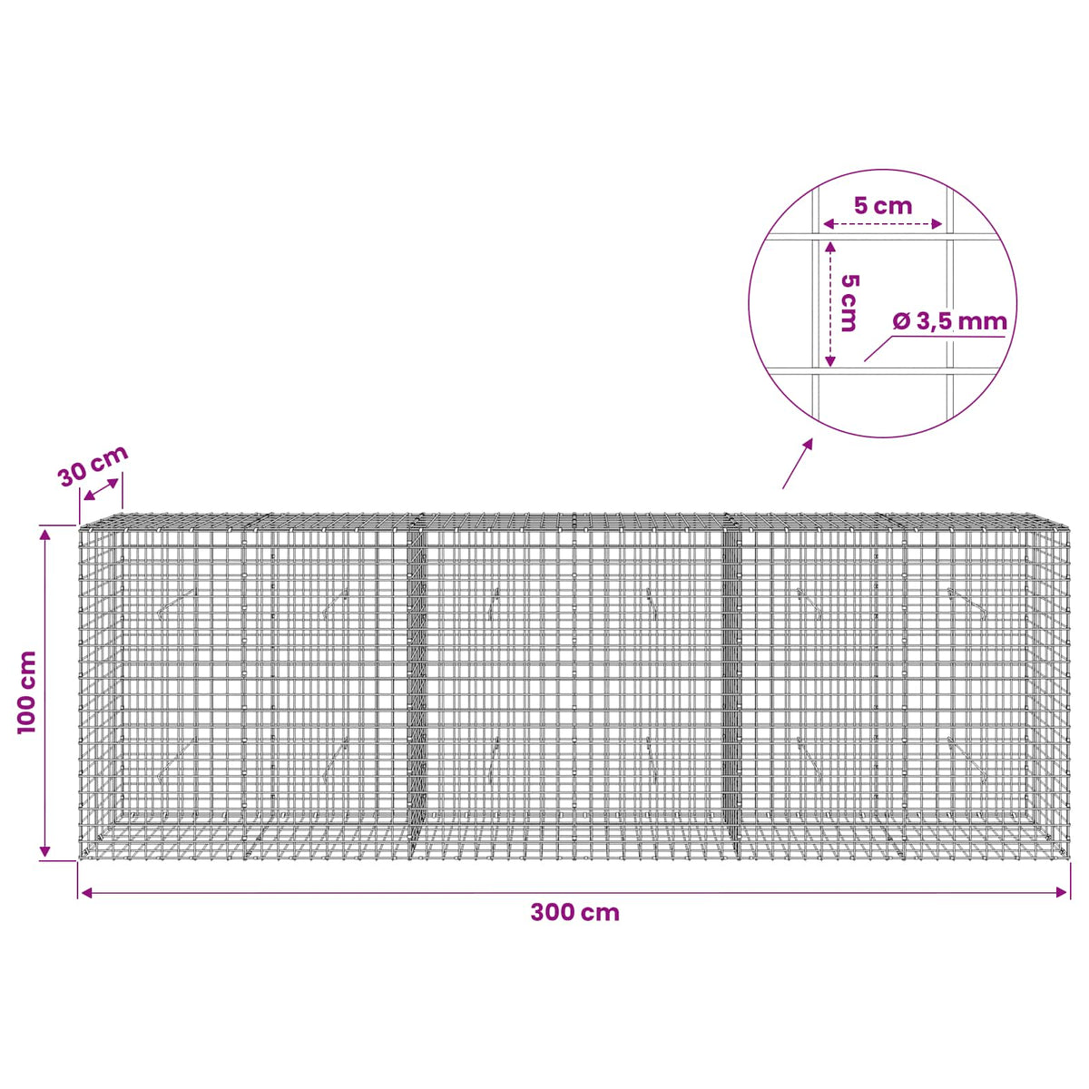 vidaXL Gabion z drutu 3,5 mm i siatką 5x5 cm 300x30x100 cm