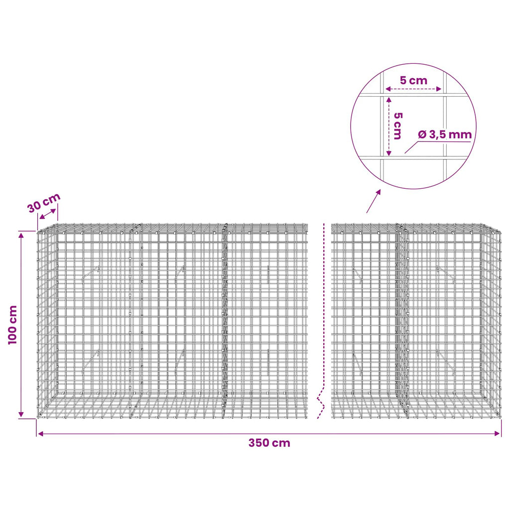 vidaXL Gabion z drutu 3,5 mm i siatką 5x5 cm 350x30x100 cm