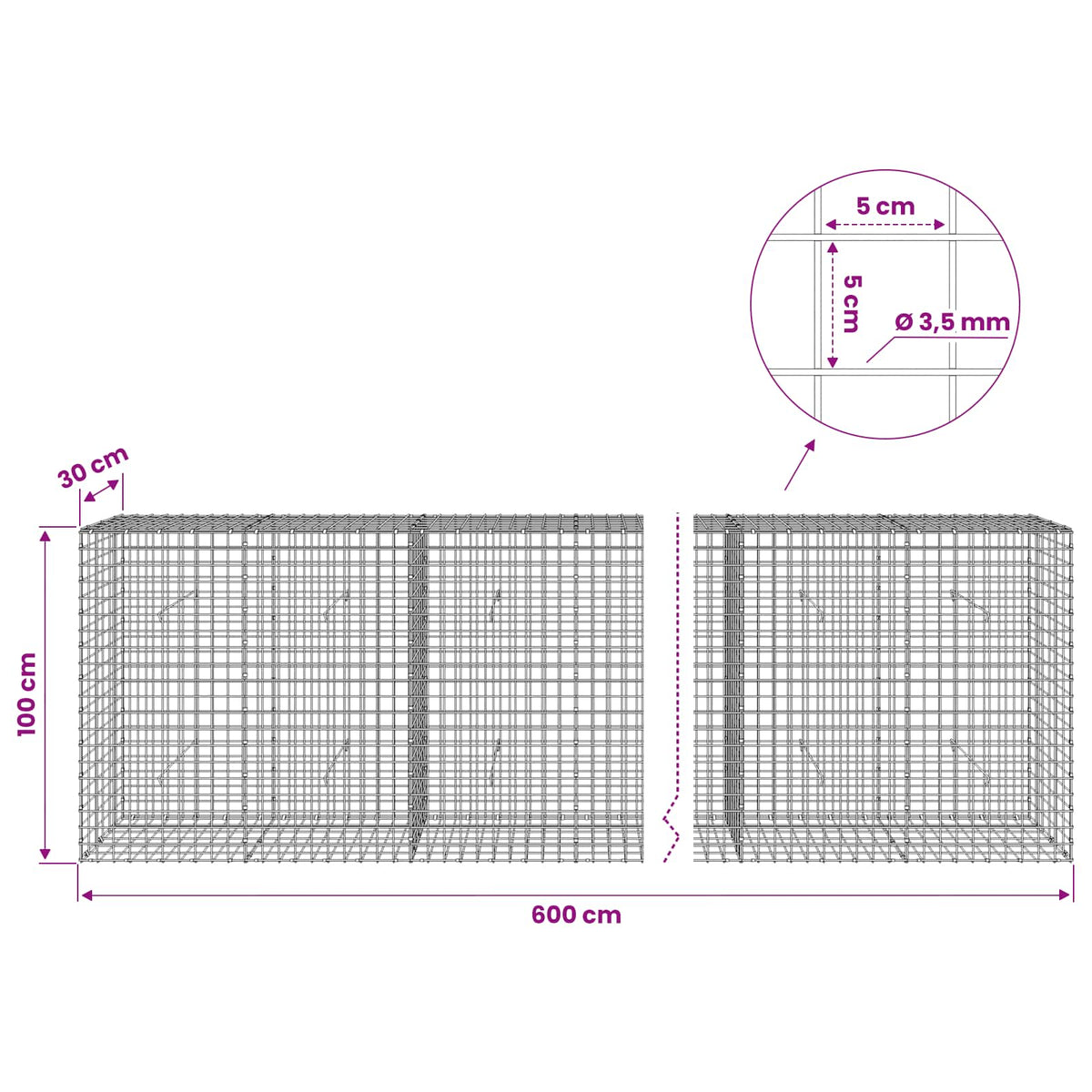 vidaXL Gabion z drutu 3,5 mm i siatką 5x5 cm 600x30x100 cm