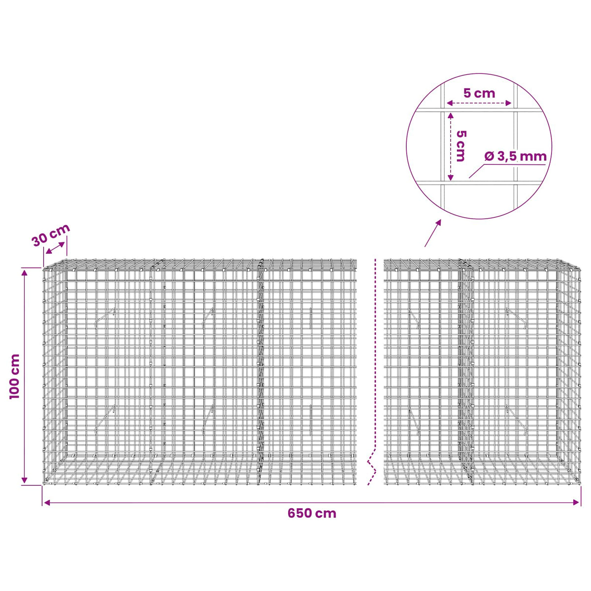 vidaXL Gabion z drutu 3,5 mm i siatką 5x5 cm 650x30x100 cm