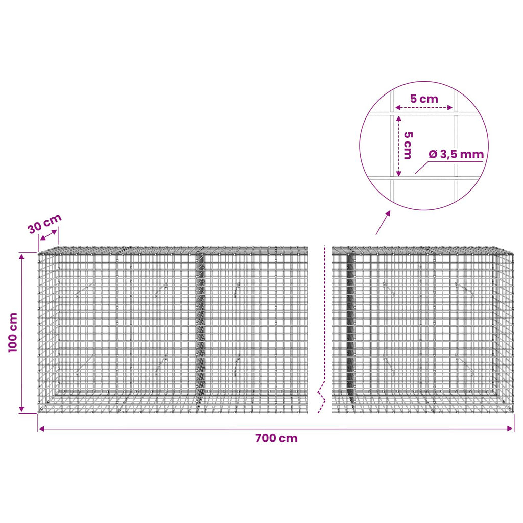 vidaXL Gabion z drutu 3,5 mm i siatką 5x5 cm 700x30x100 cm