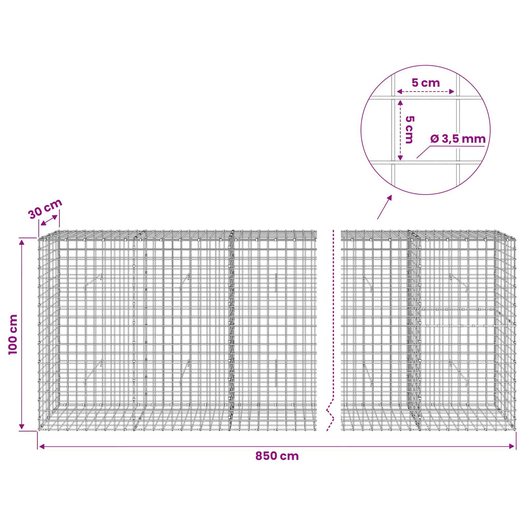 vidaXL Gabion z drutu 3,5 mm i siatką 5x5 cm 850x30x100 cm