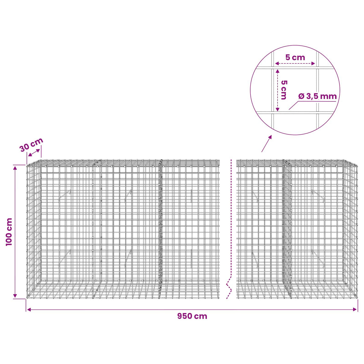 vidaXL Gabion z drutu 3,5 mm i siatką 5x5 cm 950x30x100 cm