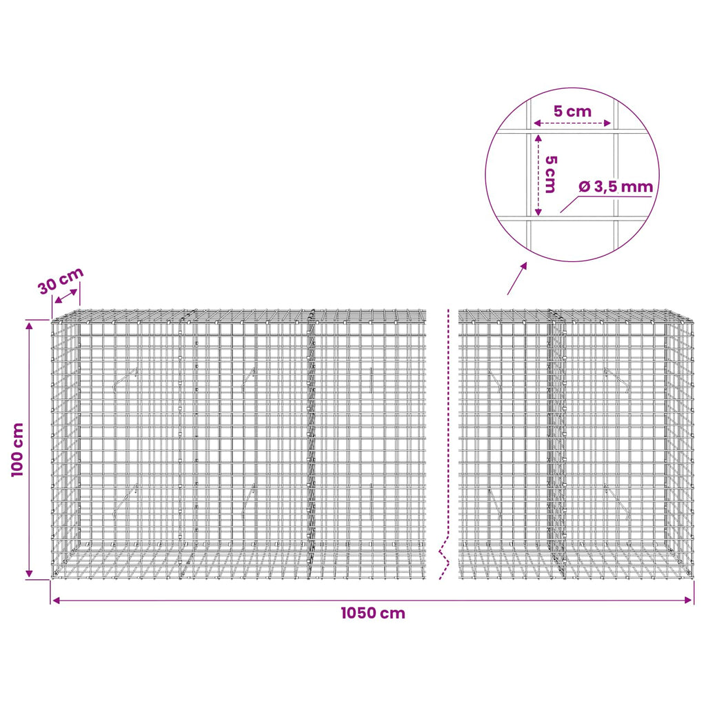 vidaXL Gabion z drutu 3,5 mm i siatką 5x5 cm 1050x30x100 cm
