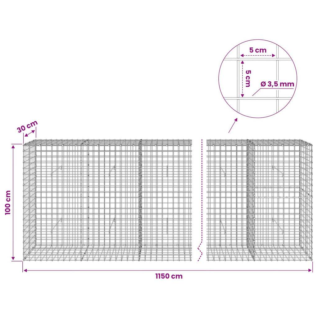 vidaXL Gabion z drutu 3,5 mm i siatką 5x5 cm 1150x30x100 cm