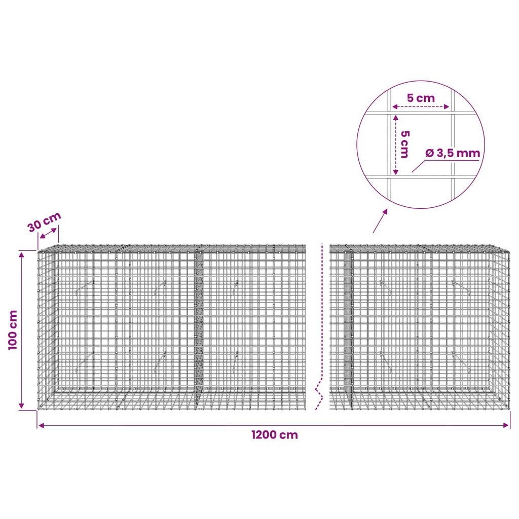 vidaXL Gabion z drutu 3,5 mm i siatką 5x5 cm 1200x30x100 cm