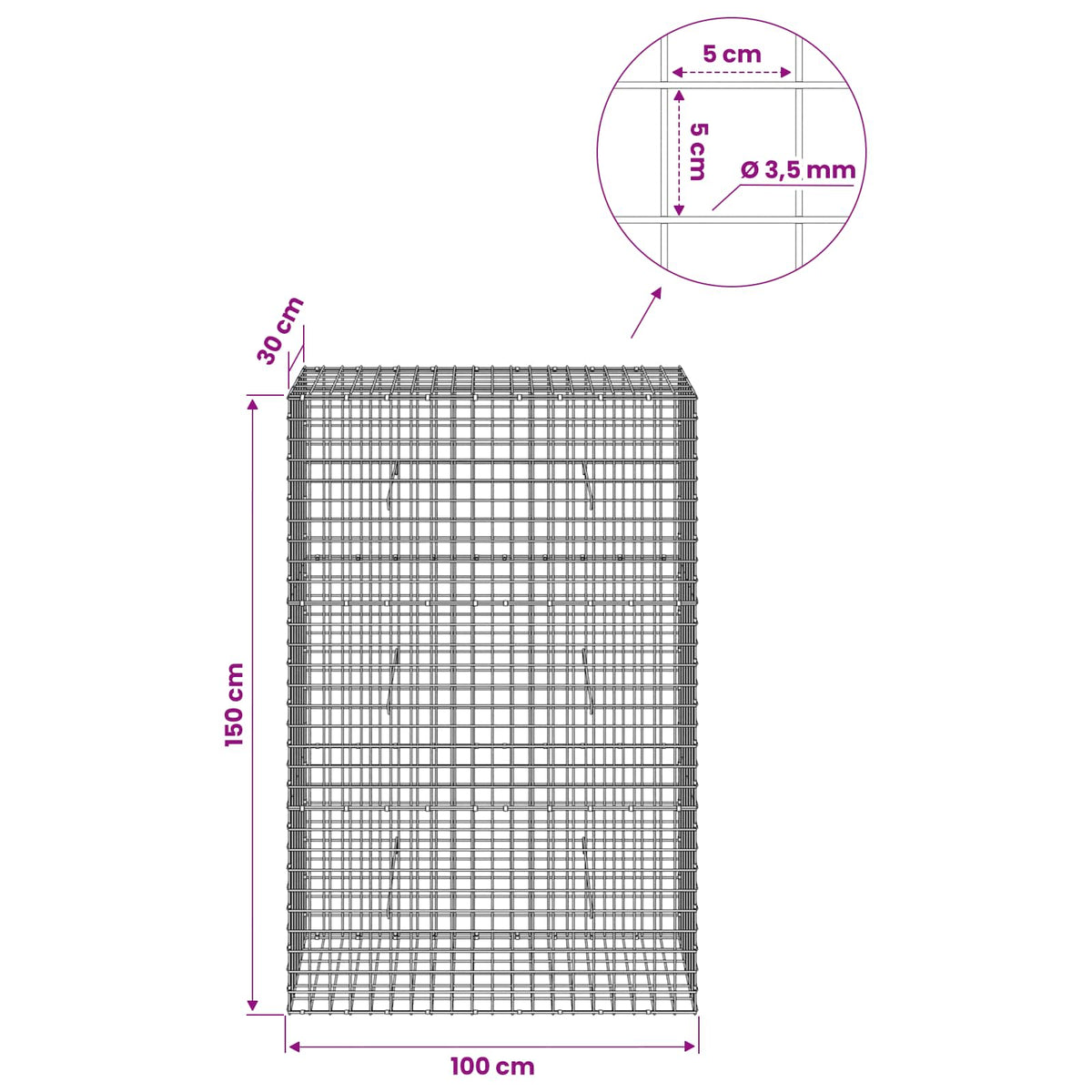 vidaXL Gabion z drutu 3,5 mm i siatką 5x5 cm 100x30x150 cm