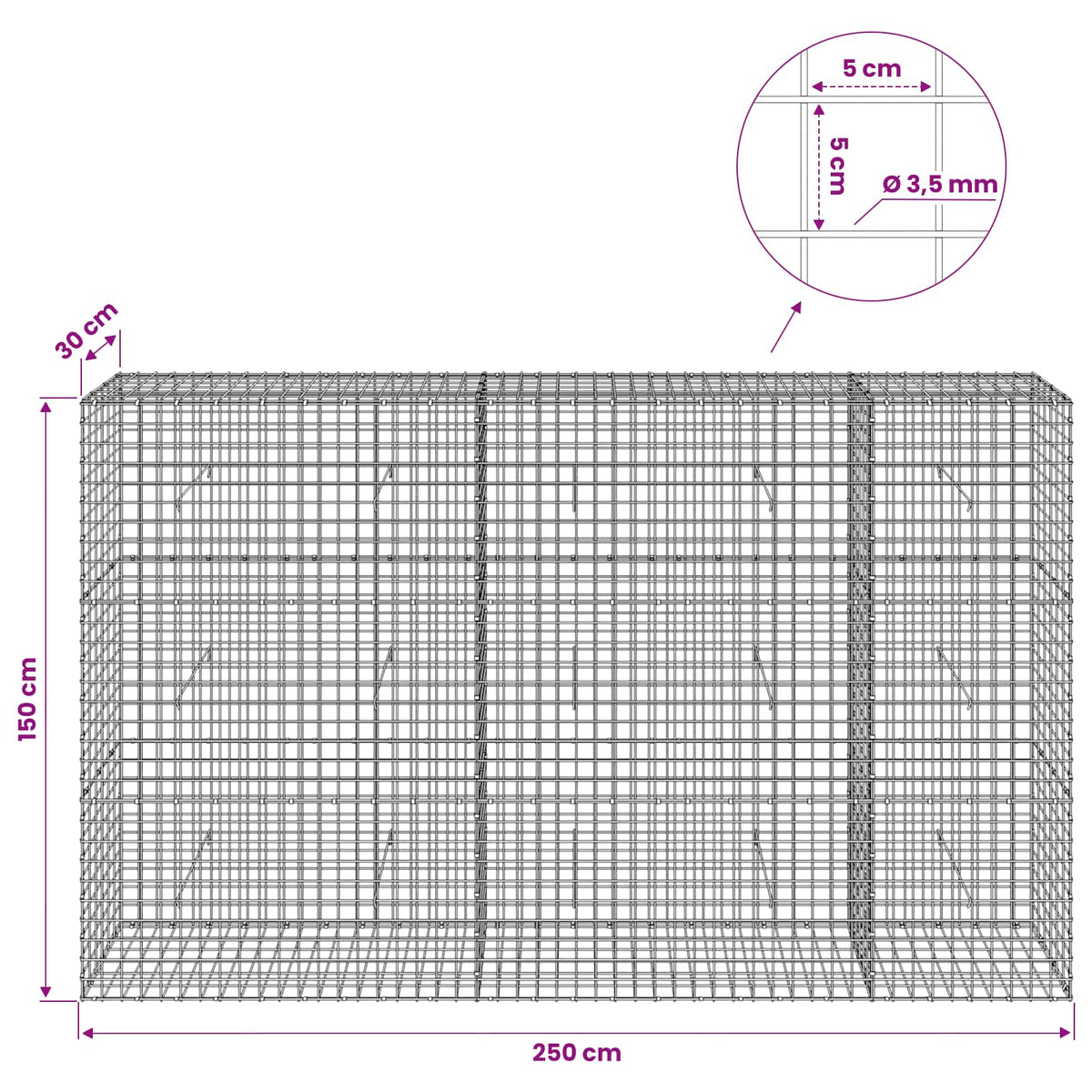 vidaXL Gabion z drutu 3,5 mm i siatką 5x5 cm 250x30x150 cm