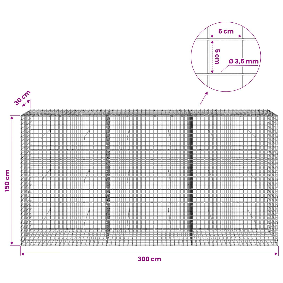 vidaXL Gabion z drutu 3,5 mm i siatką 5x5 cm 300x30x150 cm