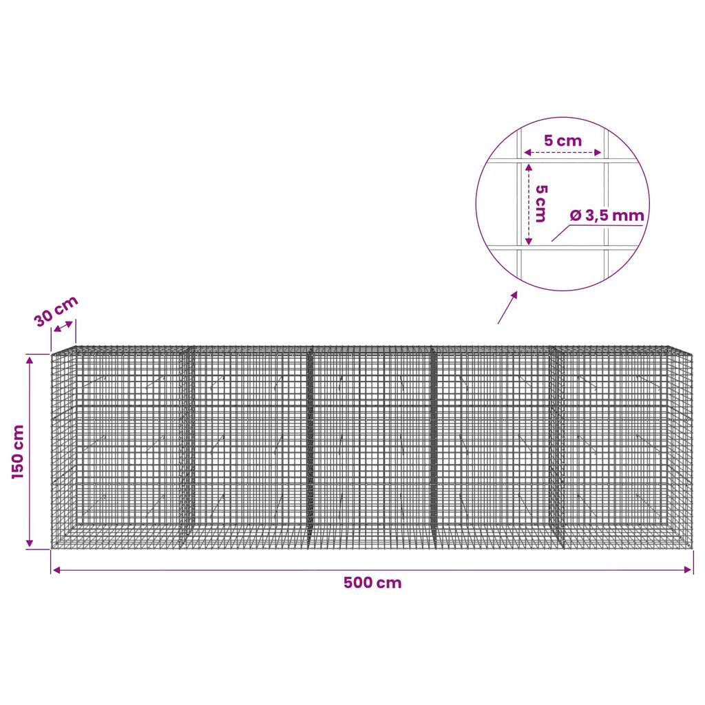 vidaXL Gabion z drutu 3,5 mm i siatką 5x5 cm 500x30x150 cm