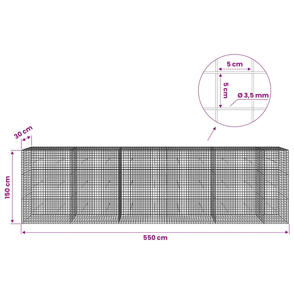 vidaXL Gabion z drutu 3,5 mm i siatką 5x5 cm 550x30x150 cm