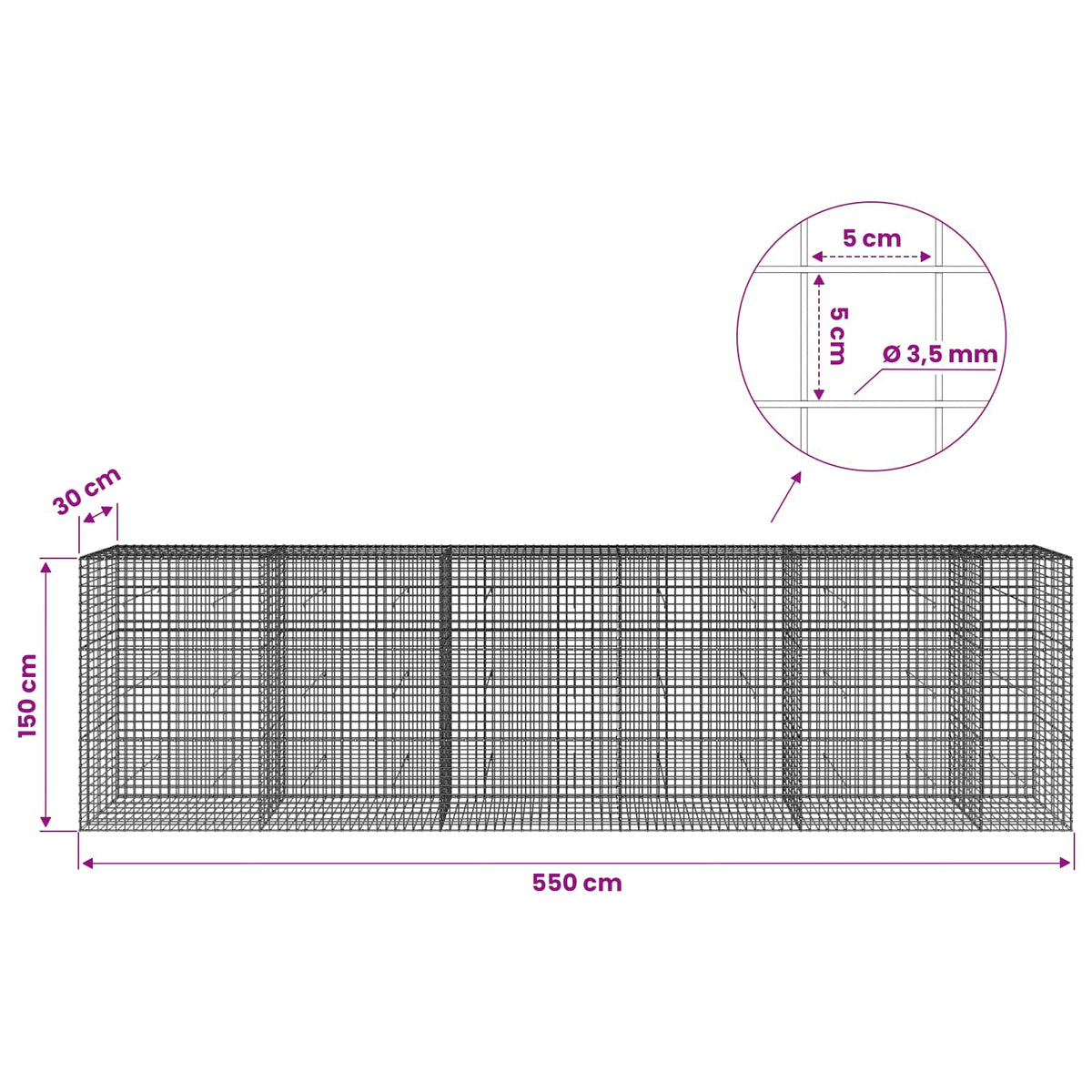 vidaXL Gabion z drutu 3,5 mm i siatką 5x5 cm 550x30x150 cm