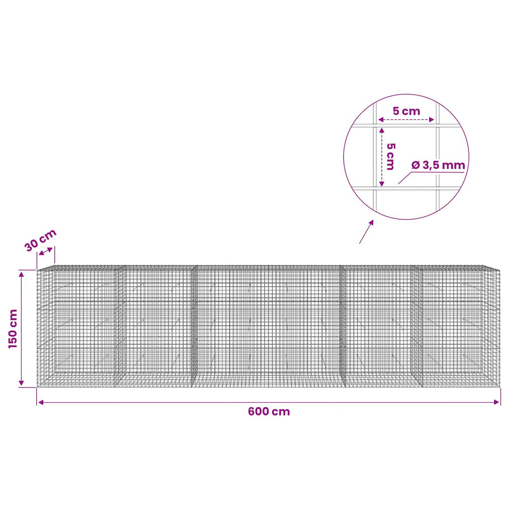 vidaXL Gabion z drutu 3,5 mm i siatką 5x5 cm 600x30x150 cm