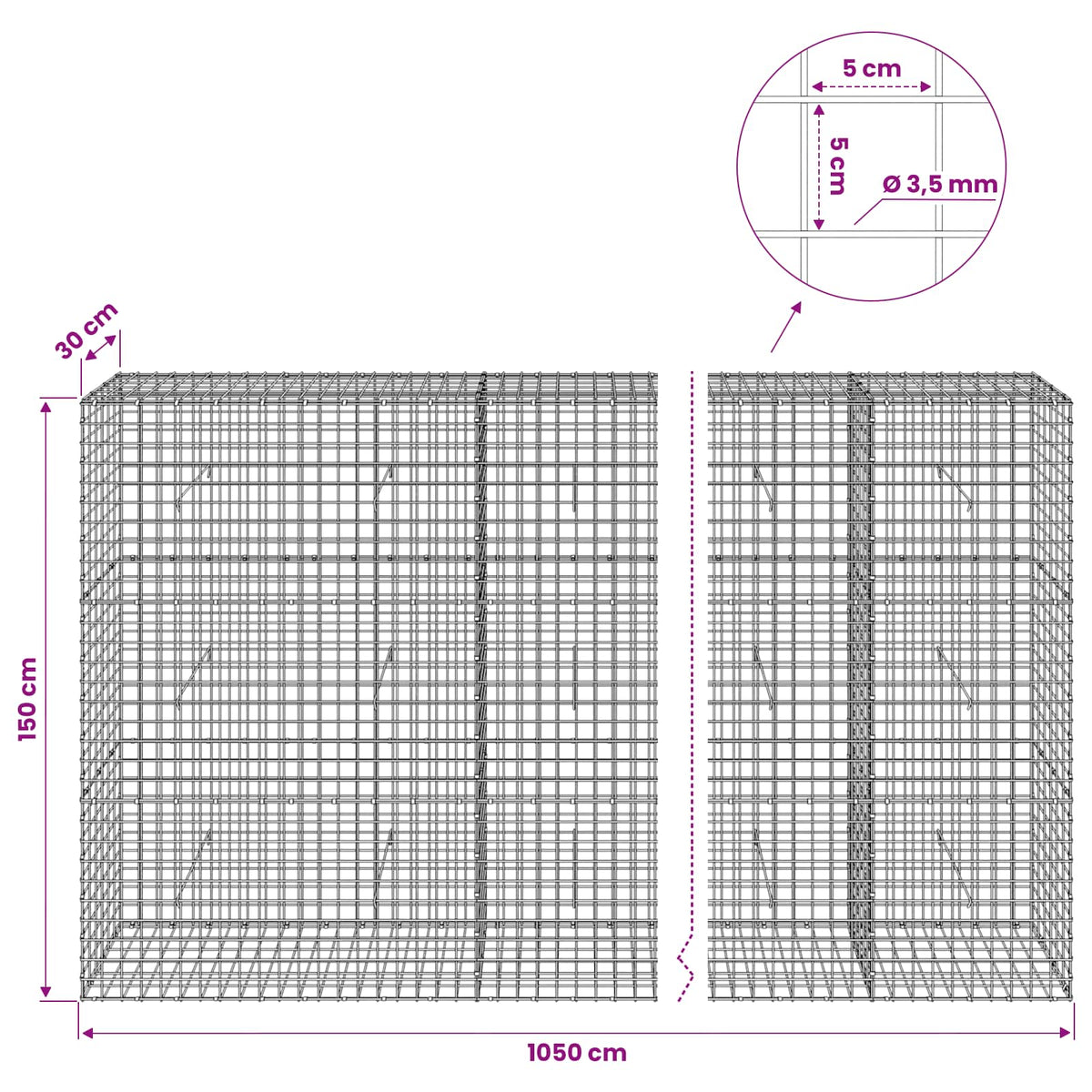 vidaXL Gabion z drutu 3,5 mm i siatką 5x5 cm 1050x30x150 cm