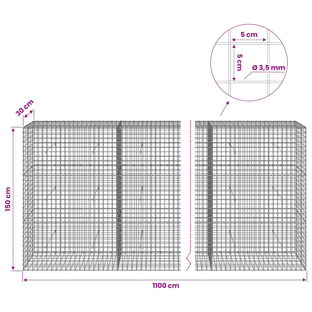 vidaXL Gabion z drutu 3,5 mm i siatką 5x5 cm 1100x30x150 cm