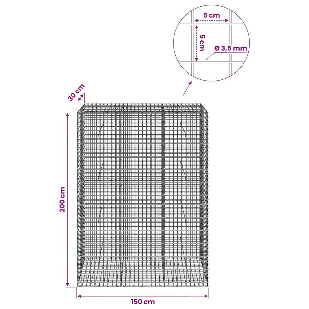 vidaXL Gabion z drutu 3,5 mm i siatką 5x5 cm 150x30x200 cm