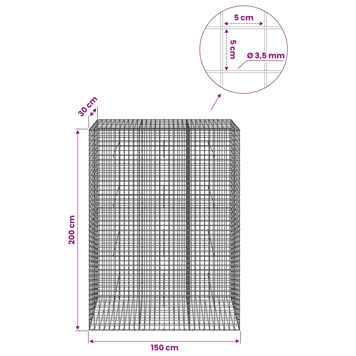 vidaXL Gabion z drutu 3,5 mm i siatką 5x5 cm 150x30x200 cm