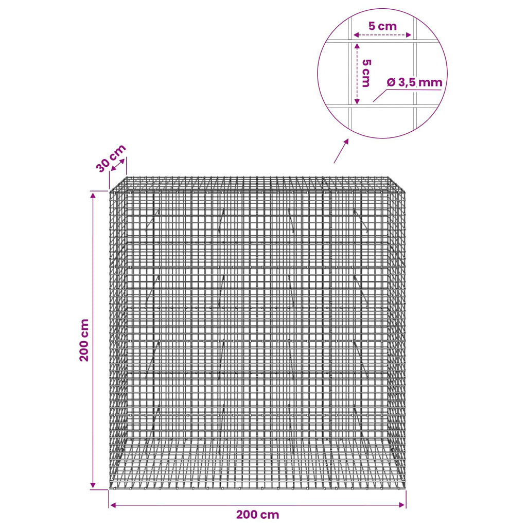 vidaXL Gabion z drutu 3,5 mm i siatką 5x5 cm 200x30x200 cm