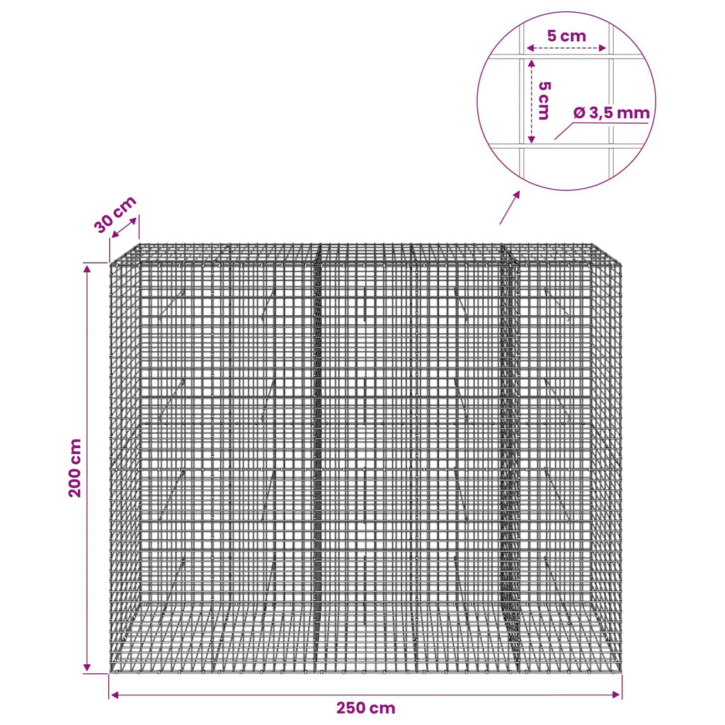 vidaXL Gabion z drutu 3,5 mm i siatką 5x5 cm 250x30x200 cm