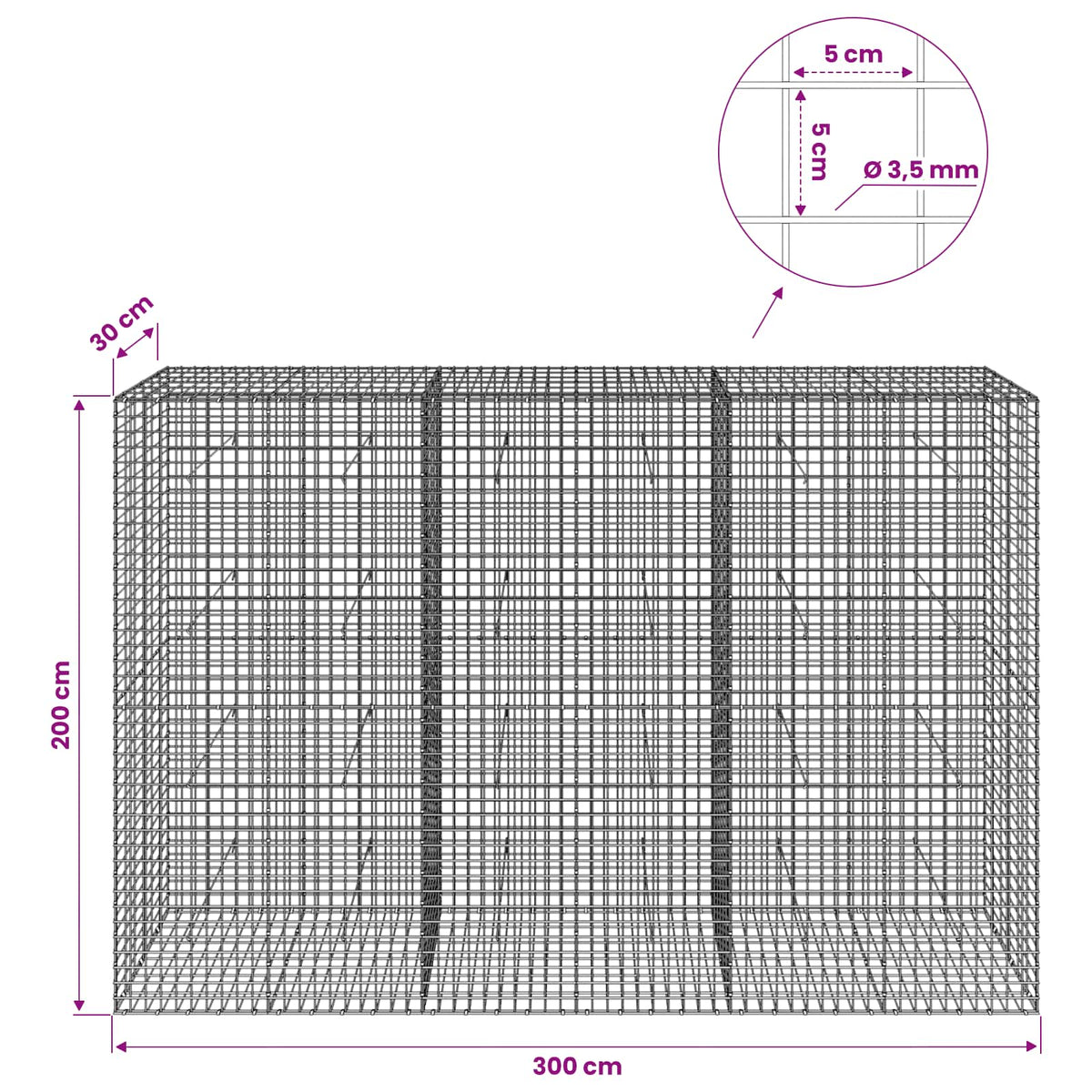 vidaXL Gabion z drutu 3,5 mm i siatką 5x5 cm 300x30x200 cm