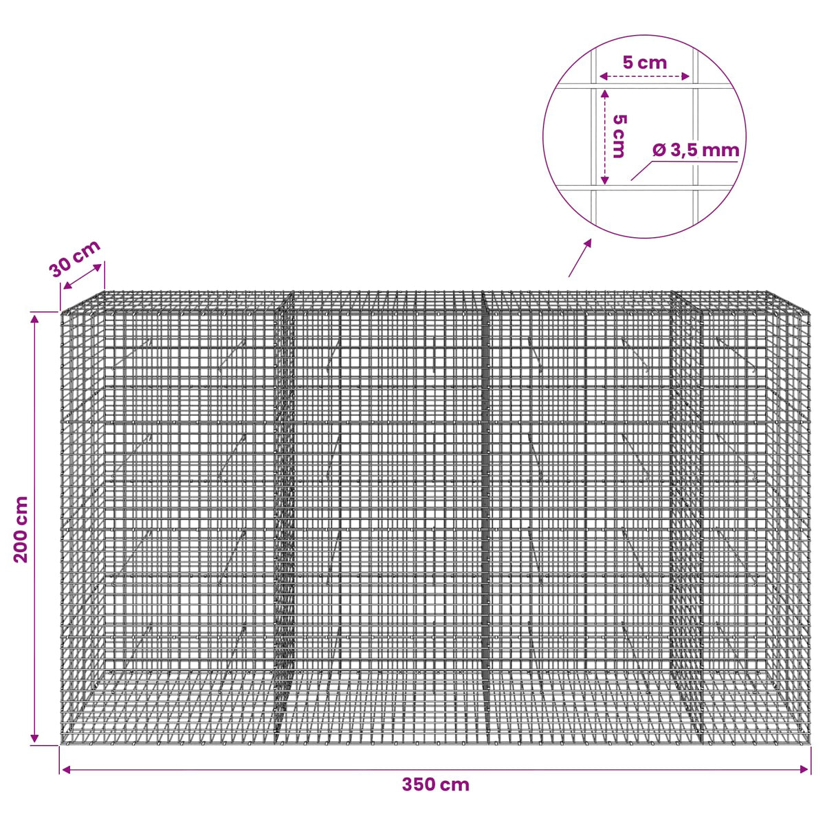 vidaXL Gabion z drutu 3,5 mm i siatką 5x5 cm 350x30x200 cm