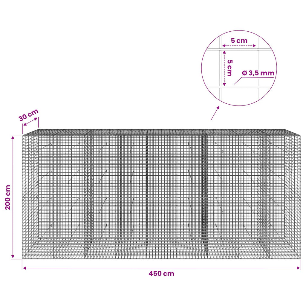 vidaXL Gabion z drutu 3,5 mm i siatką 5x5 cm 450x30x200 cm