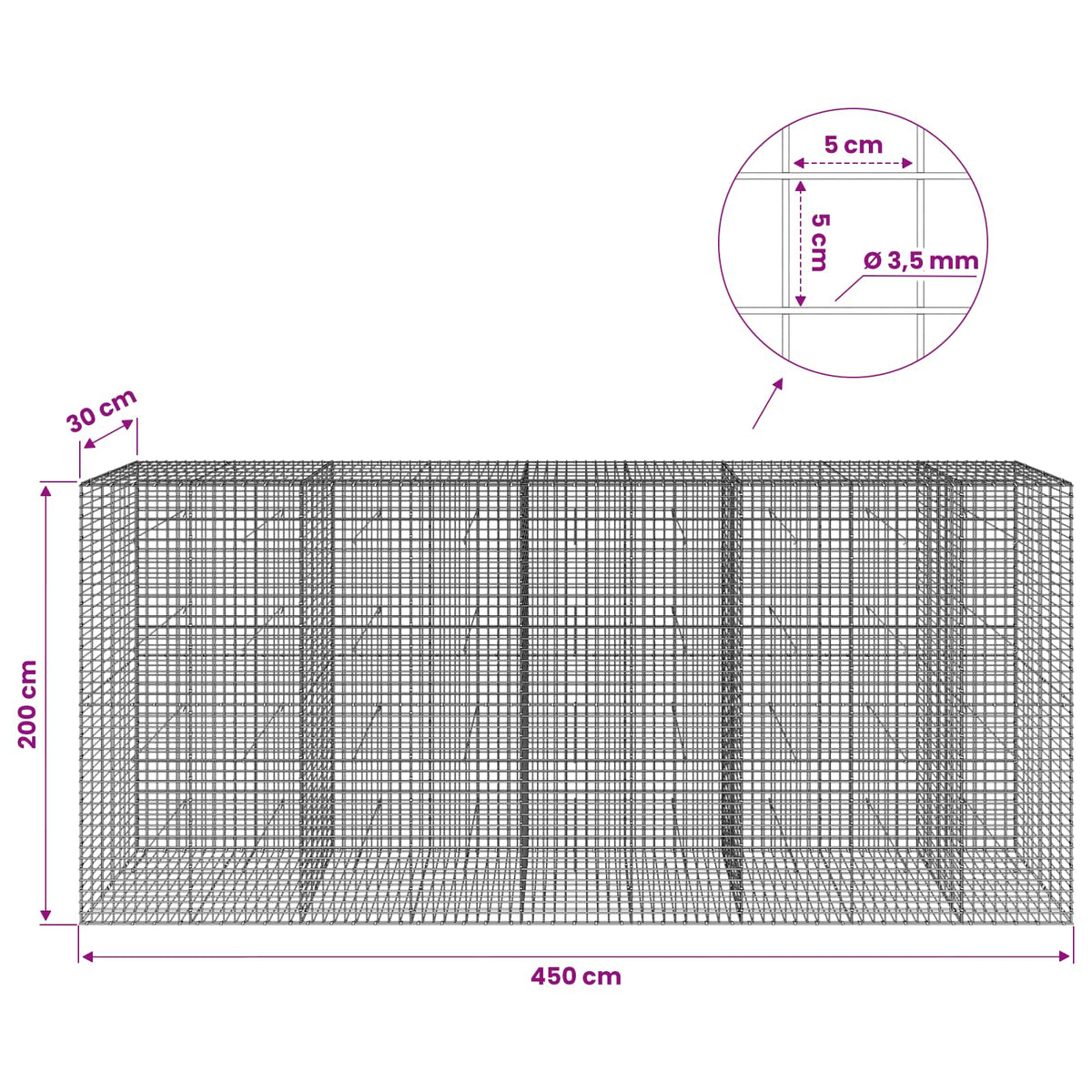 vidaXL Gabion z drutu 3,5 mm i siatką 5x5 cm 450x30x200 cm