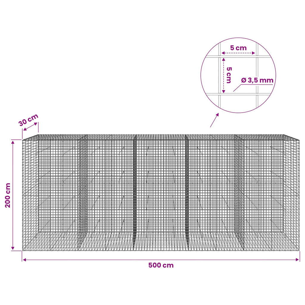 vidaXL Gabion z drutu 3,5 mm i siatką 5x5 cm 500x30x200 cm