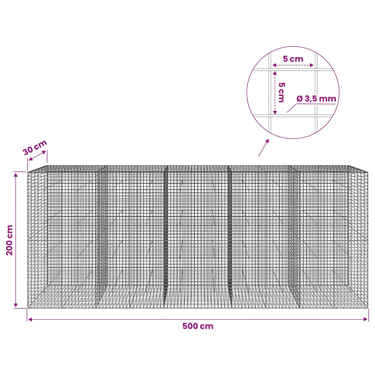vidaXL Gabion z drutu 3,5 mm i siatką 5x5 cm 500x30x200 cm