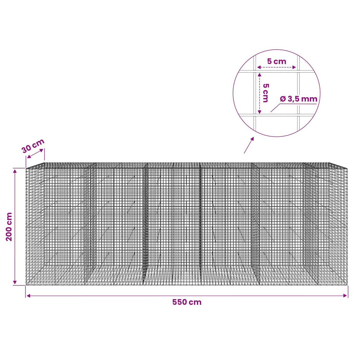 vidaXL Gabion z drutu 3,5 mm i siatką 5x5 cm 550x30x200 cm