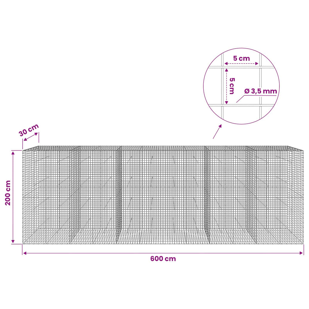 vidaXL Gabion z drutu 3,5 mm i siatką 5x5 cm 600x30x200 cm