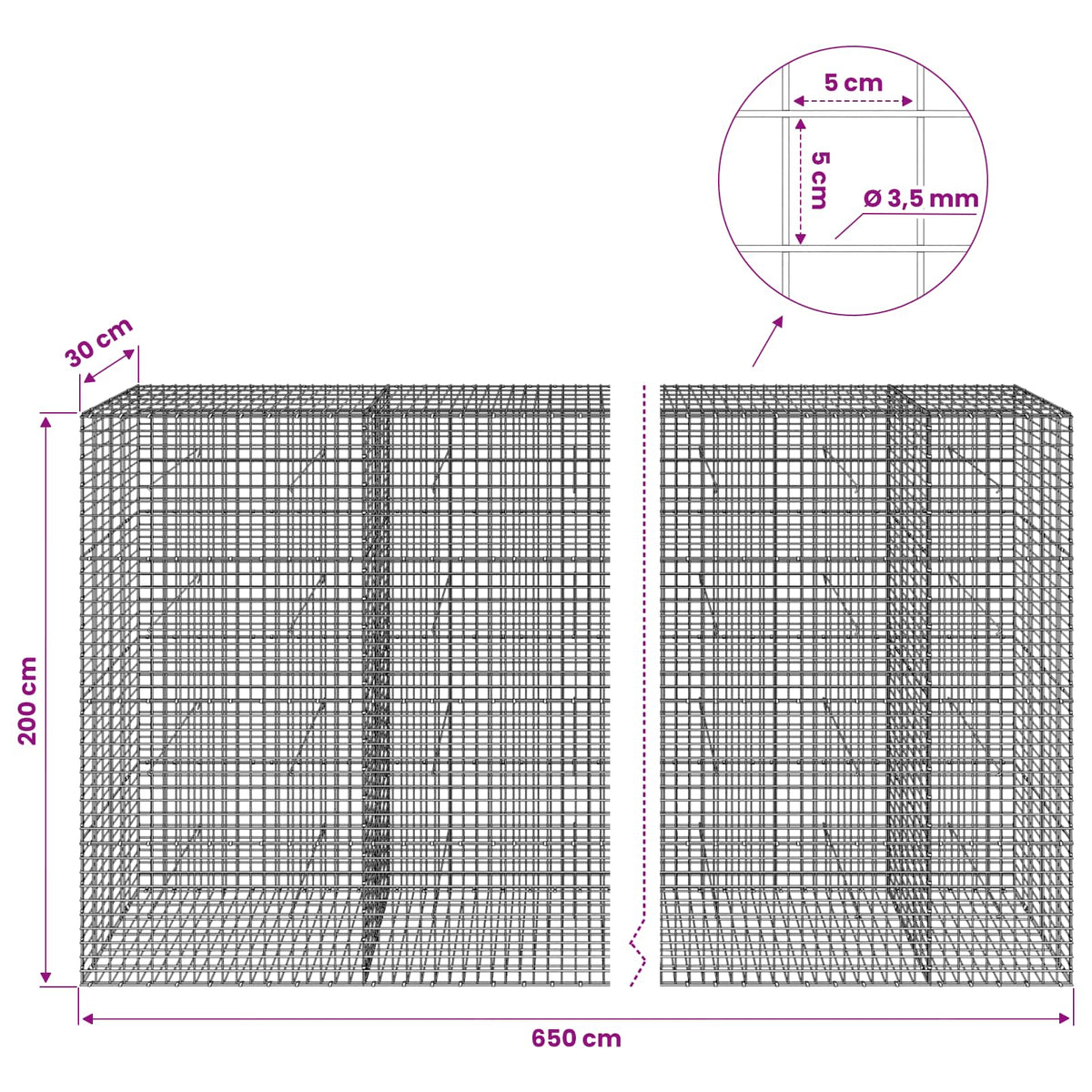 vidaXL Gabion z drutu 3,5 mm i siatką 5x5 cm 650x30x200 cm