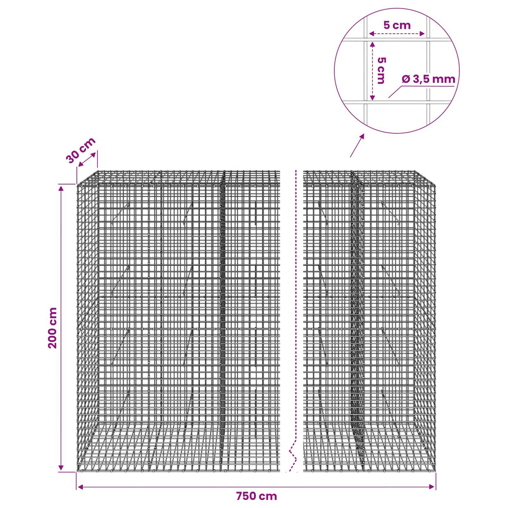 vidaXL Gabion z drutu 3,5 mm i siatką 5x5 cm 750x30x200 cm