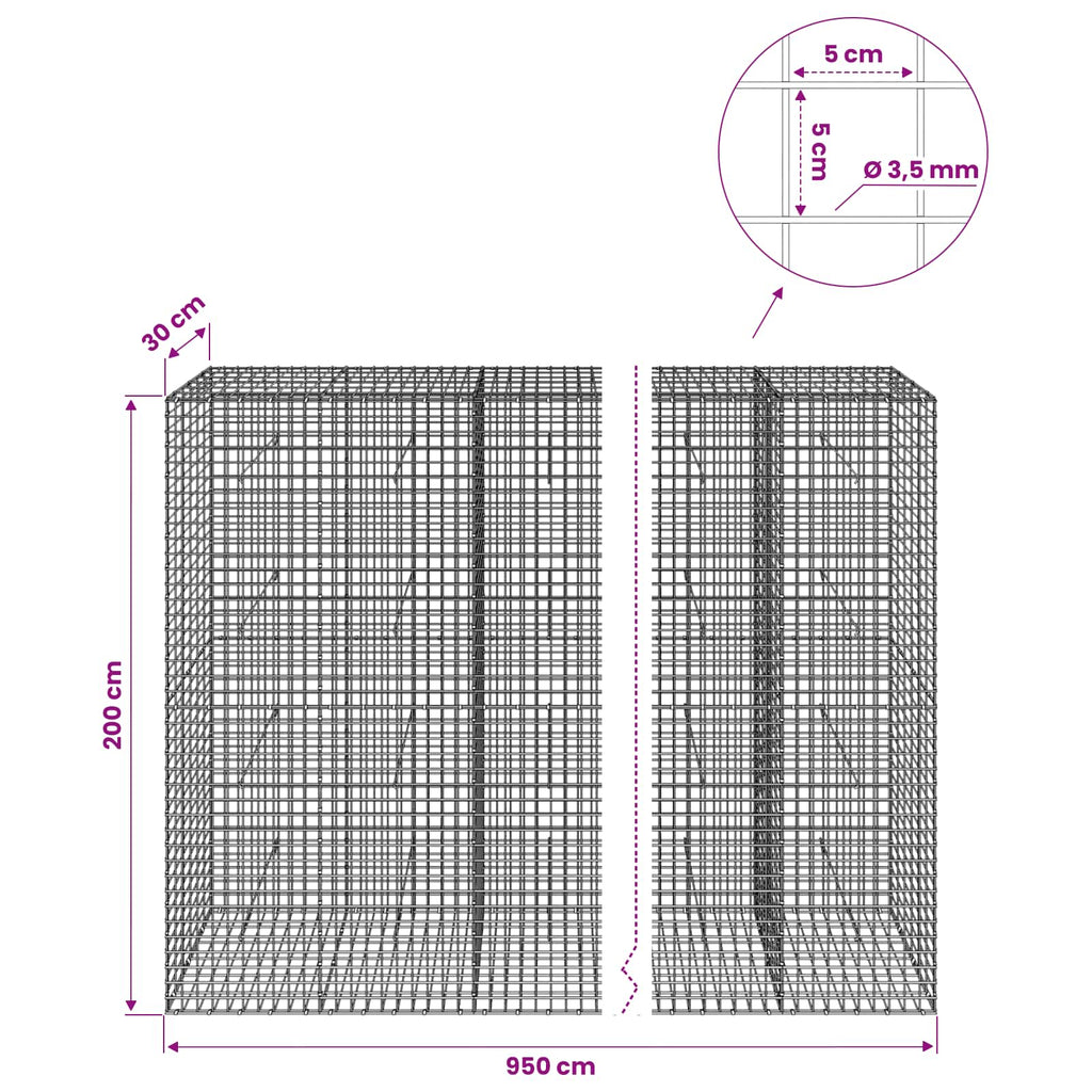 vidaXL Gabion z drutu 3,5 mm i siatką 5x5 cm 950x30x200 cm