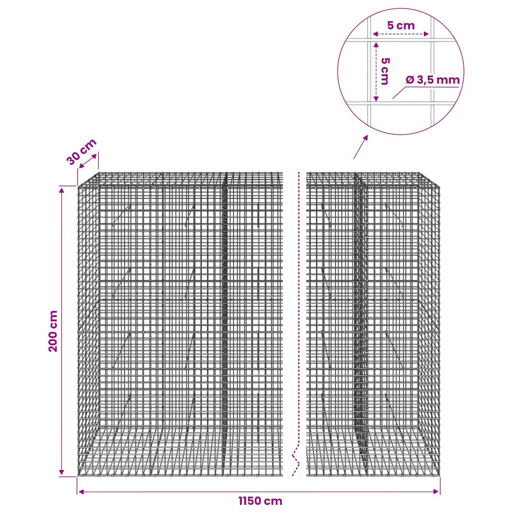 vidaXL Gabion z drutu 3,5 mm i siatką 5x5 cm 1150x30x200 cm