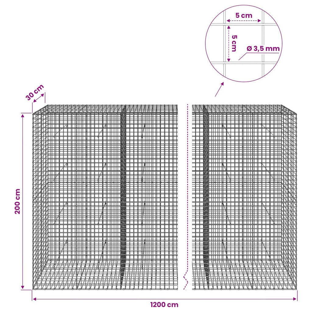 vidaXL Gabion z drutu 3,5 mm i siatką 5x5 cm 1200x30x200 cm