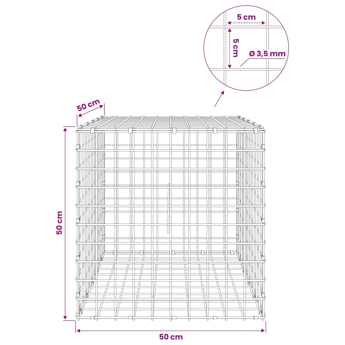 vidaXL Gabion z drutu 3,5 mm i siatką 5x5 cm 50x50x50 cm